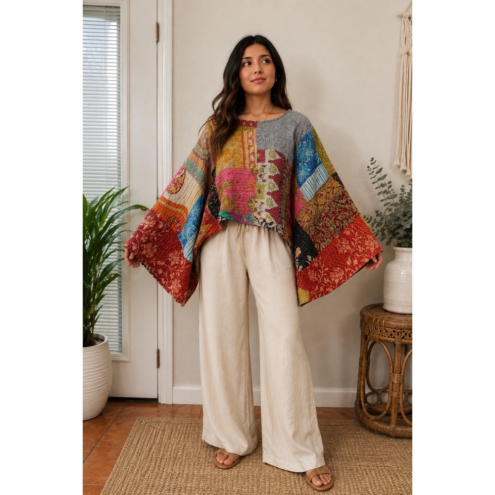 Reversible Kantha Patchwork Kimono Top Boho Artisan Oversized One Size